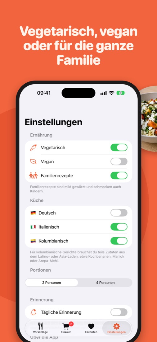 Einstellungen für Ernährung und Küche