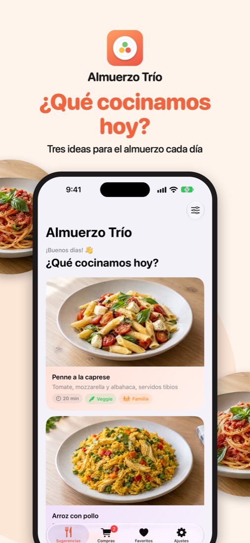 Pantalla de inicio con tres sugerencias