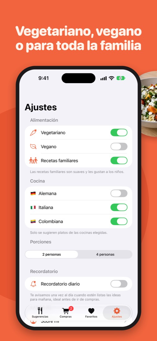 Ajustes de alimentación y cocina