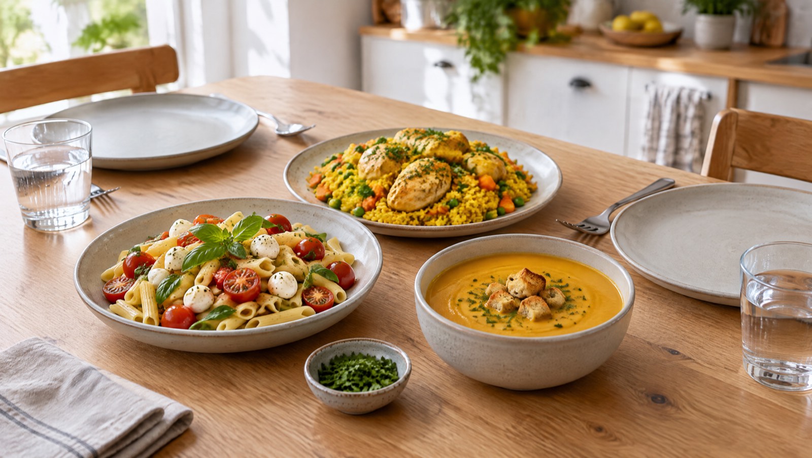 Gedeckter Mittagstisch mit drei Gerichten: Penne mit Tomaten und Mozzarella, Reis mit Hähnchen und Kürbissuppe